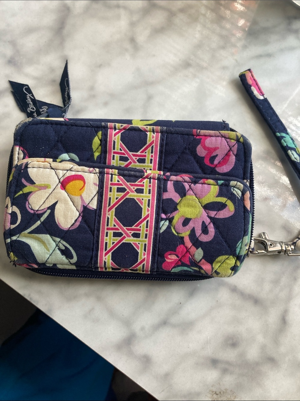 Vera Bradley Navy Floral Quilted Wristlet Wallet with Pink & Green Accents